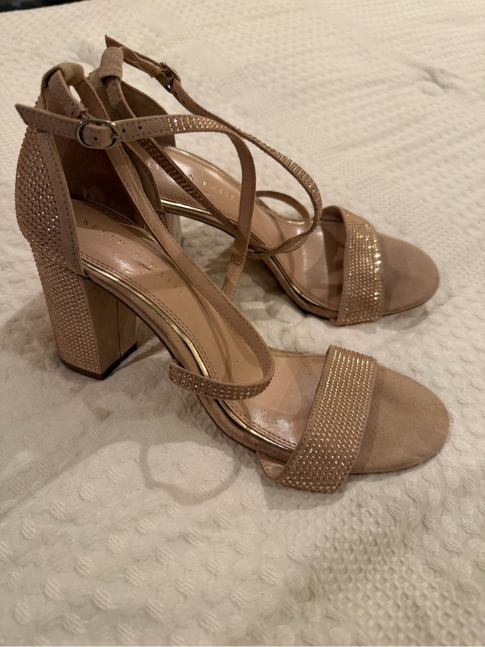 Kelly & Katie Nude Tan Strappy Block Heels with Rhinestone Embellishment